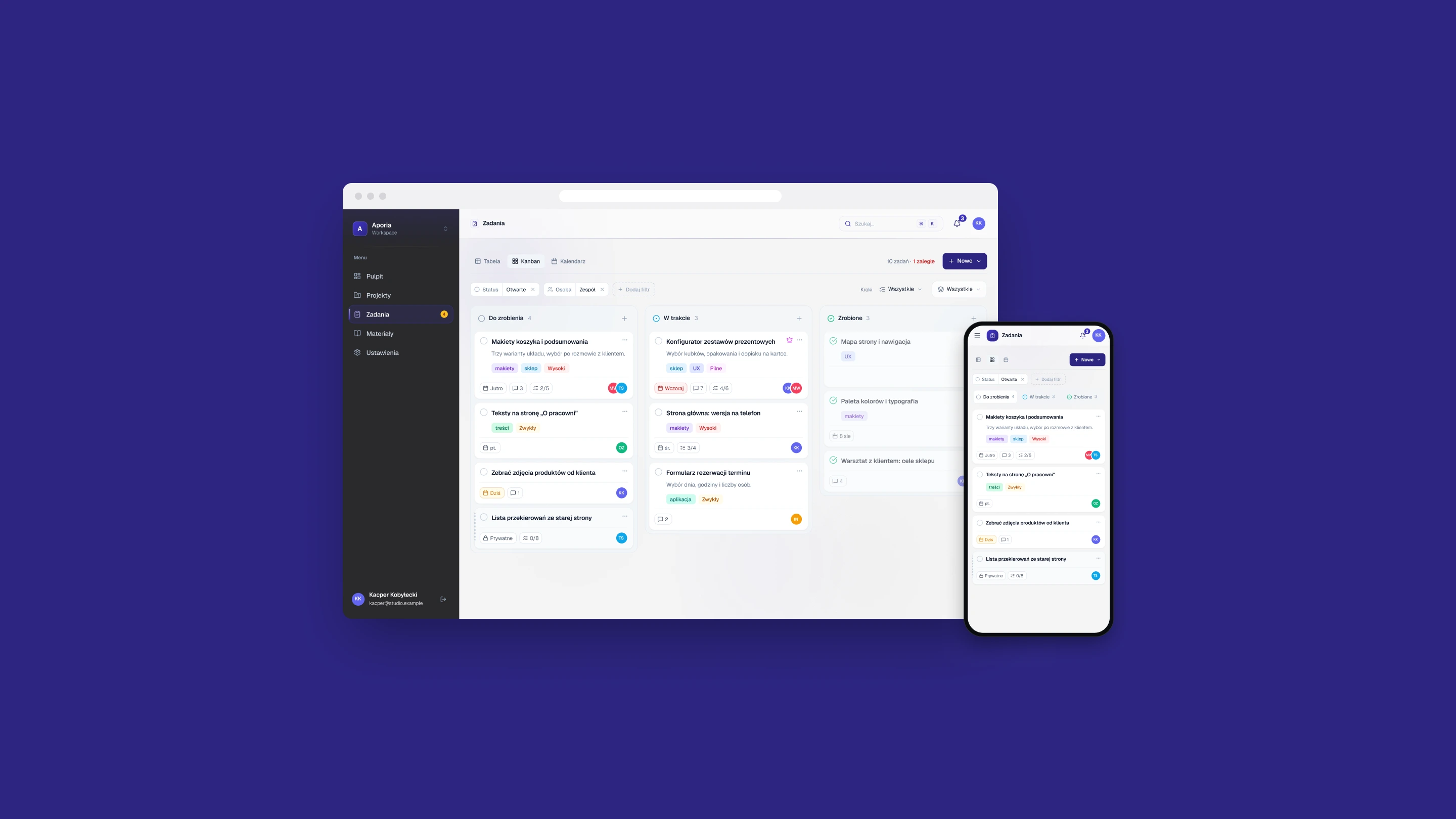 The Aporia Pro task board in a browser window and on a phone, on an indigo background