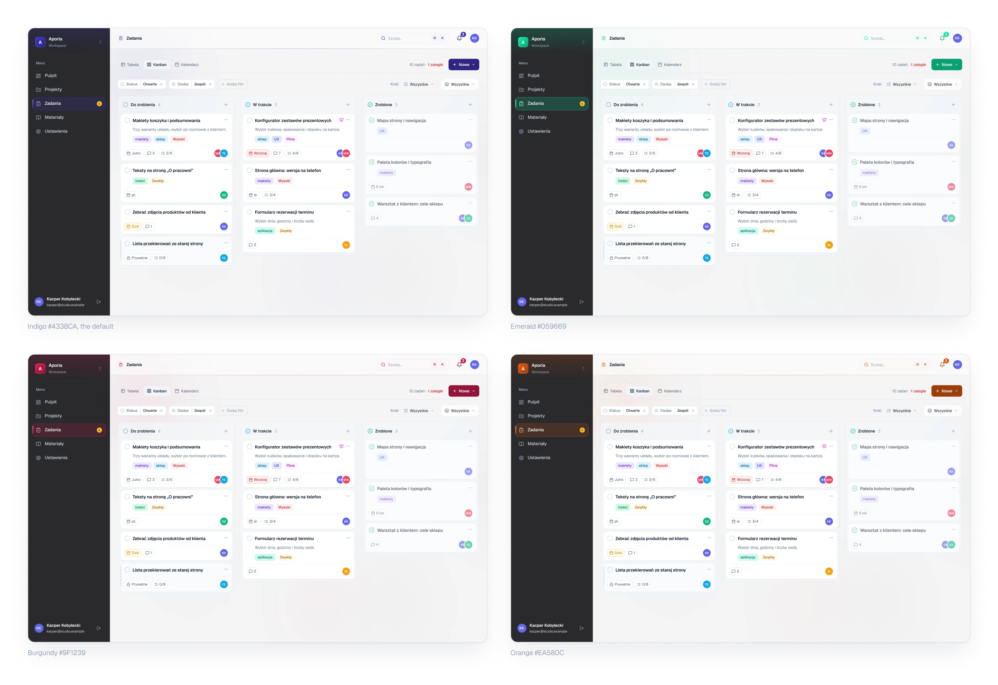 The same task board in four workspaces, indigo, emerald, burgundy and orange