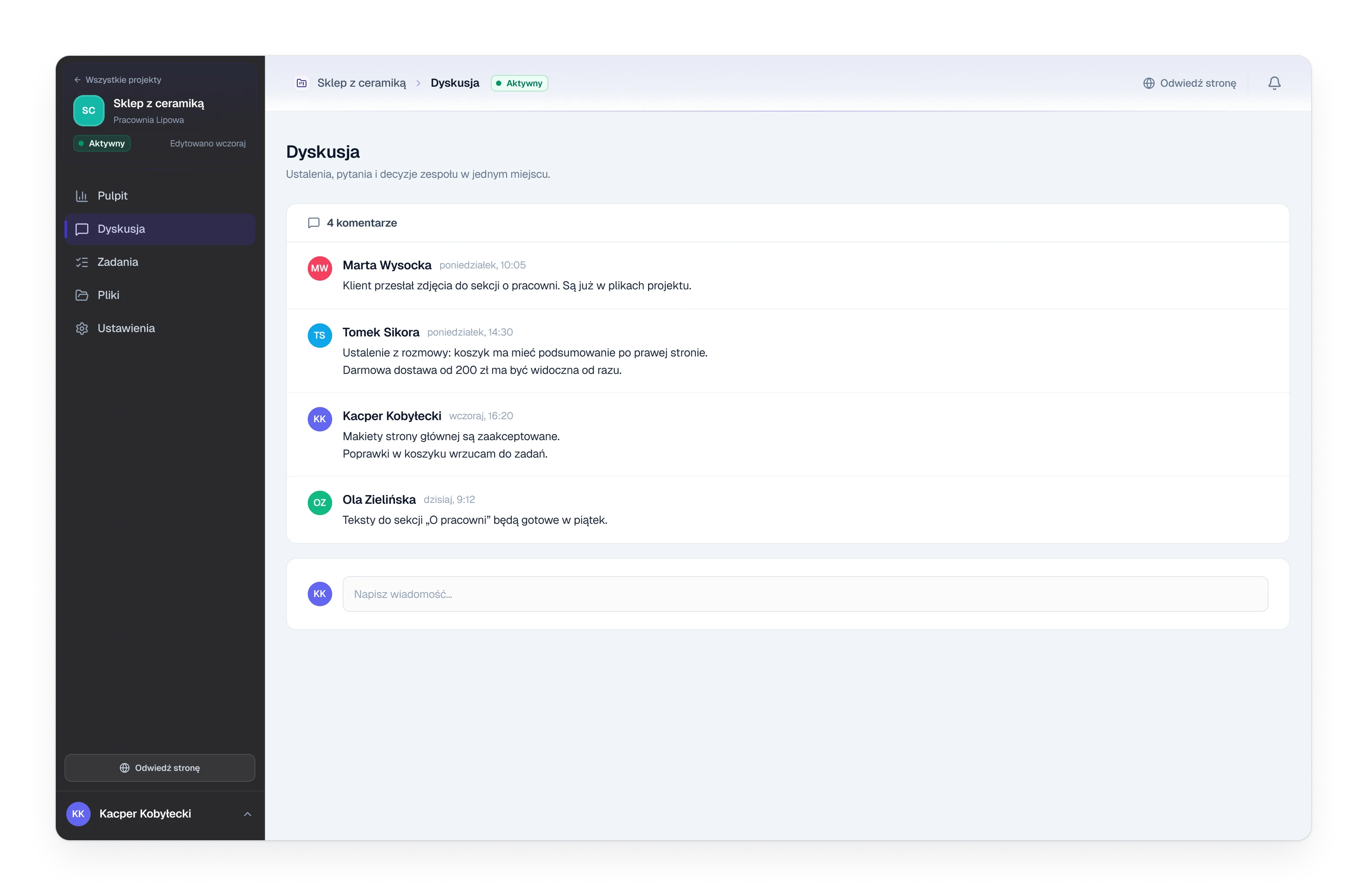 The discussion page of a client project with four comments