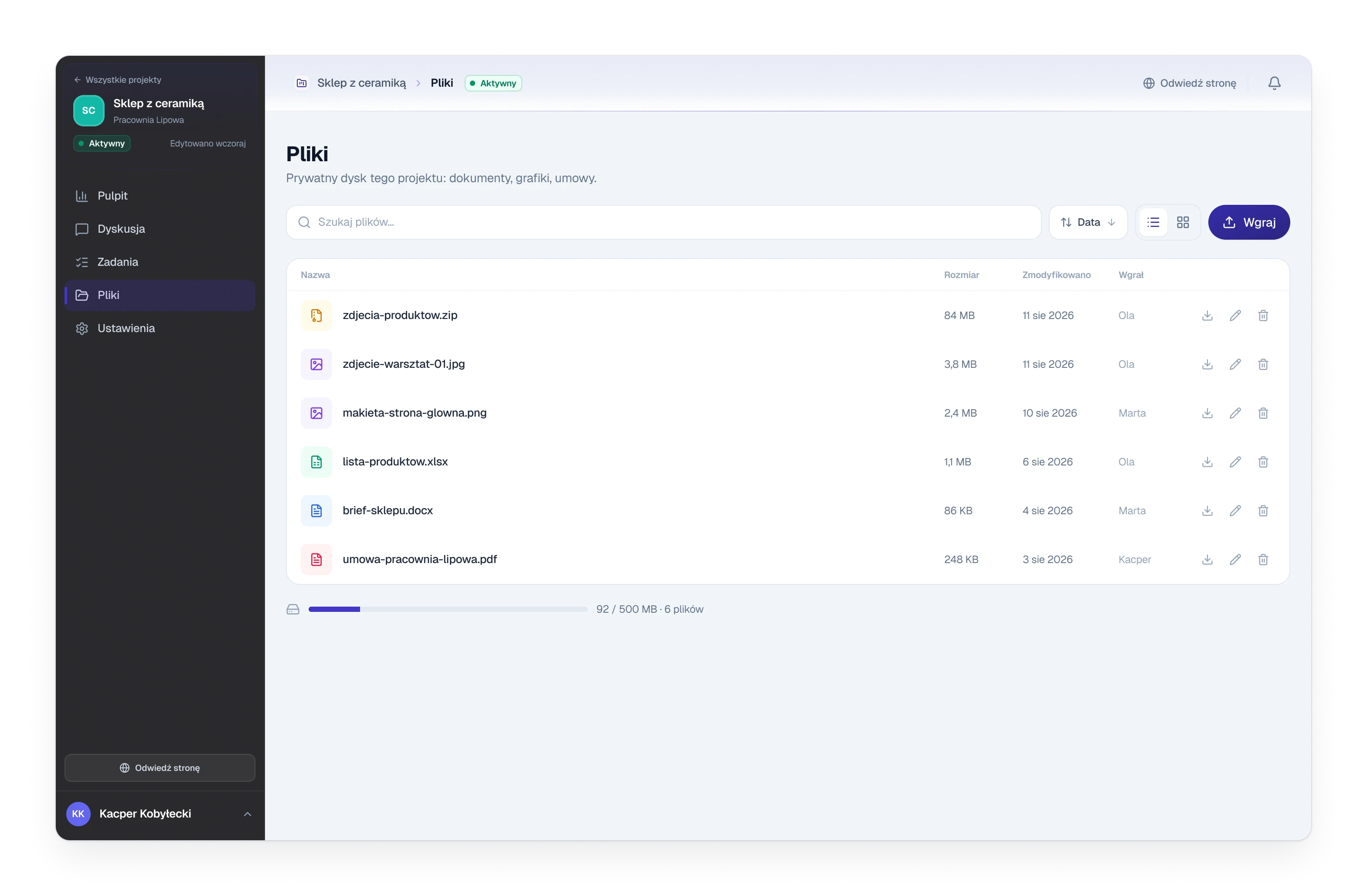 The files page of a client project with six files and a storage meter