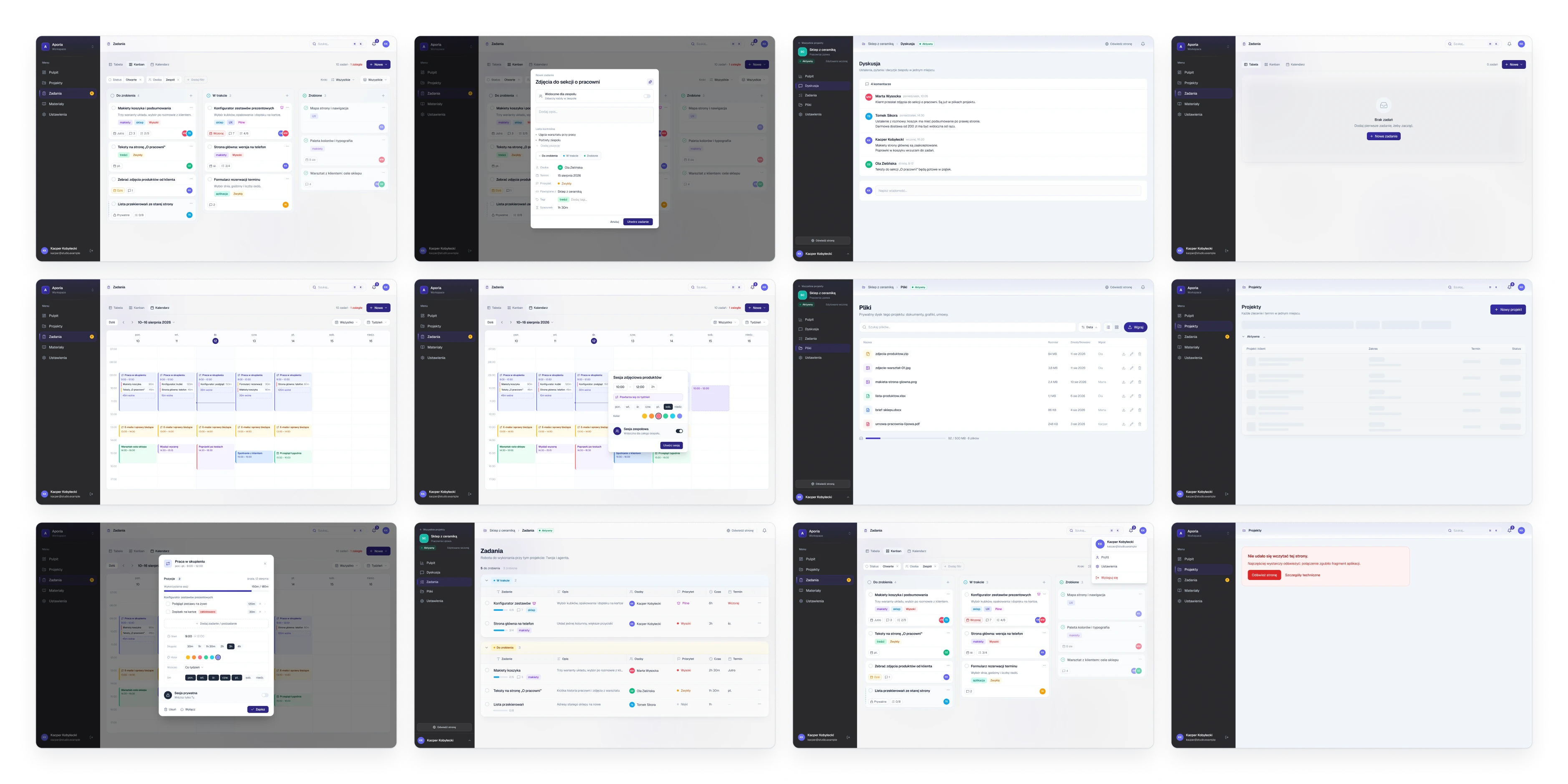 Twelve desktop screens from the Figma file in four even columns: tasks, sessions, a client project and the empty, loading and error states