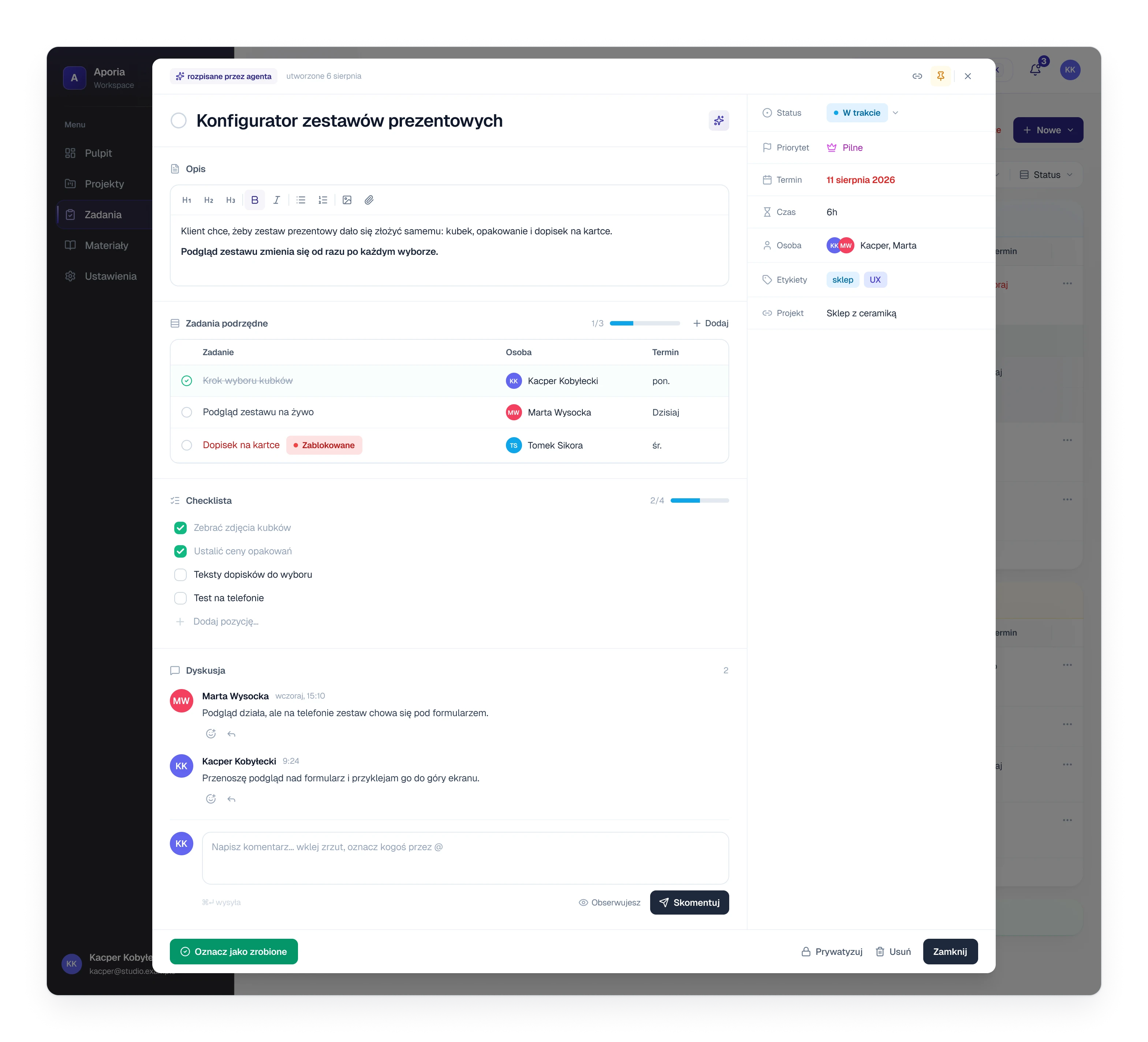 A task opened over the list, with a description, steps, a checklist, comments and a column of fields