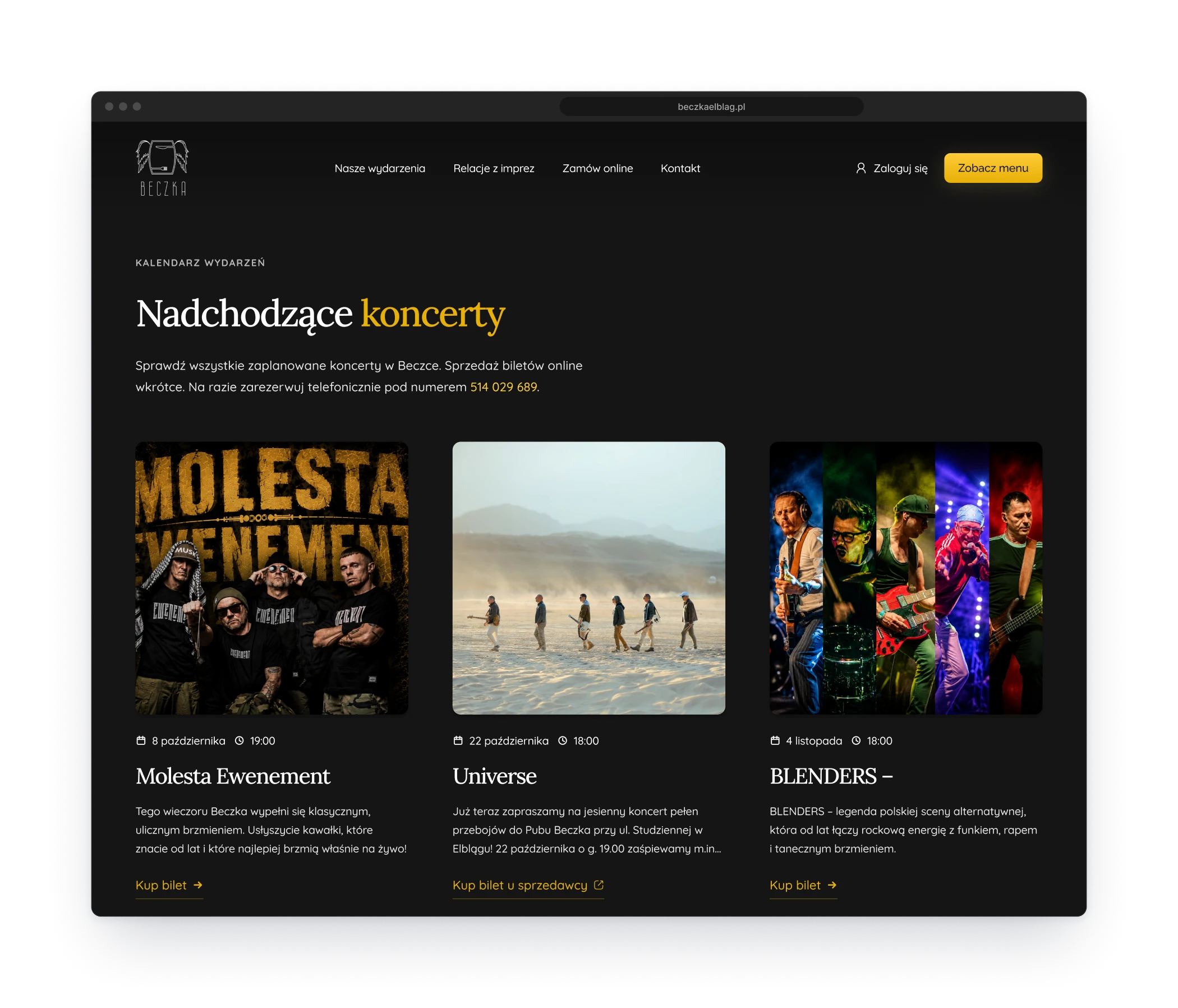 The list of upcoming concerts in a browser window, three cards with a poster, a date, a short description and a link to tickets