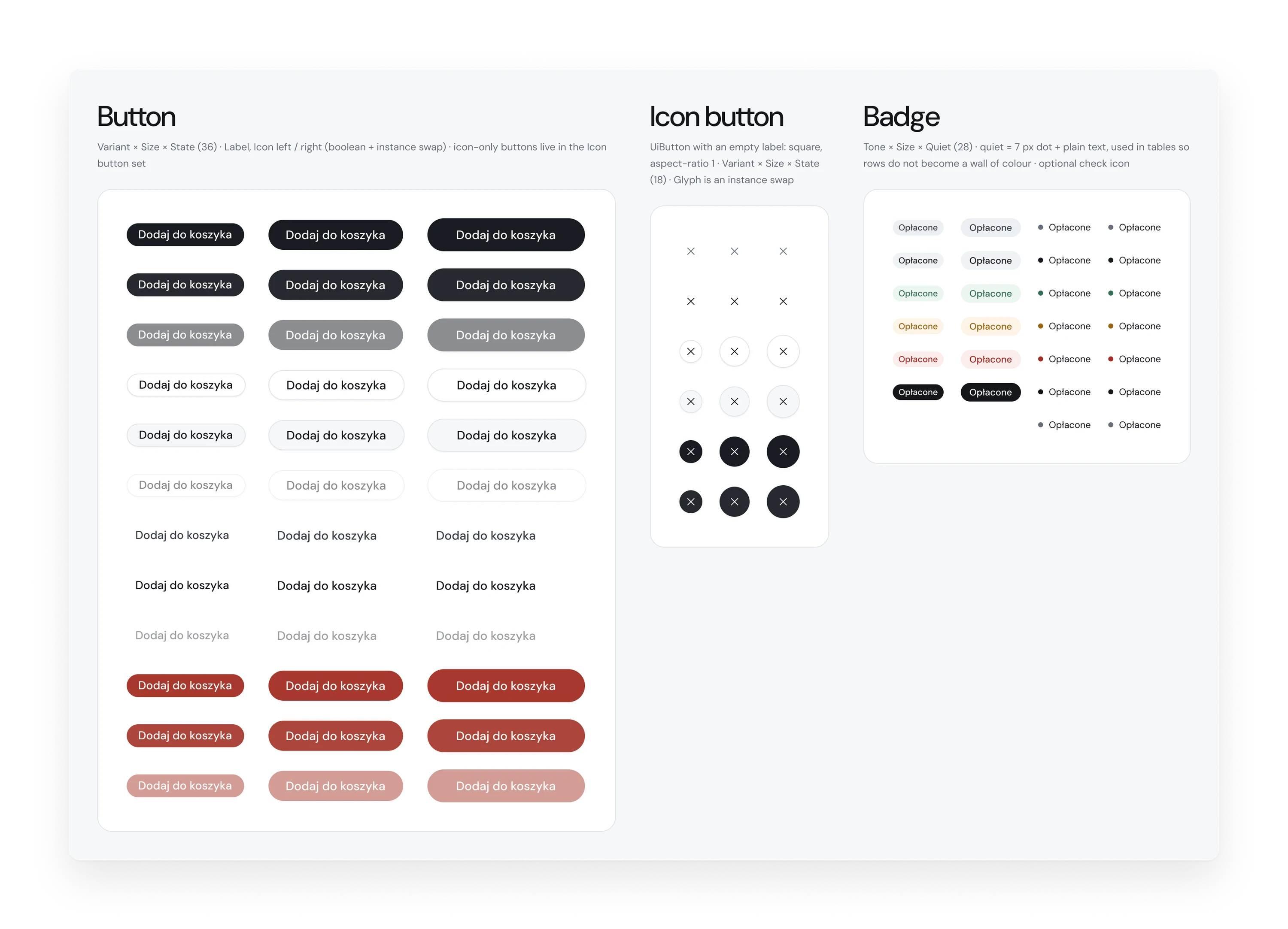 Component board with buttons, icon buttons and badges in all variants