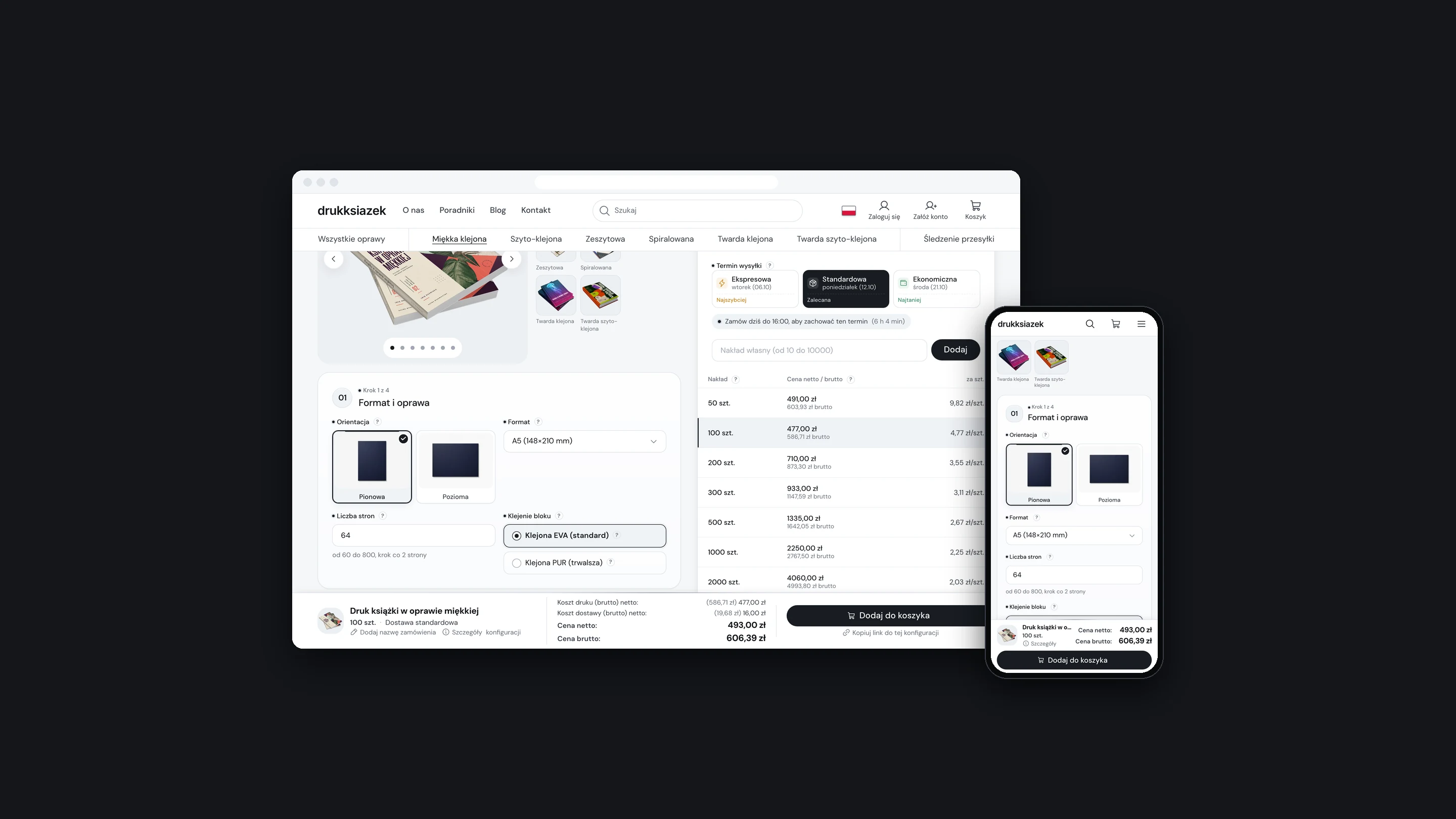 The DrukKsiążek24 book configurator in a browser window and on a phone, on a dark background