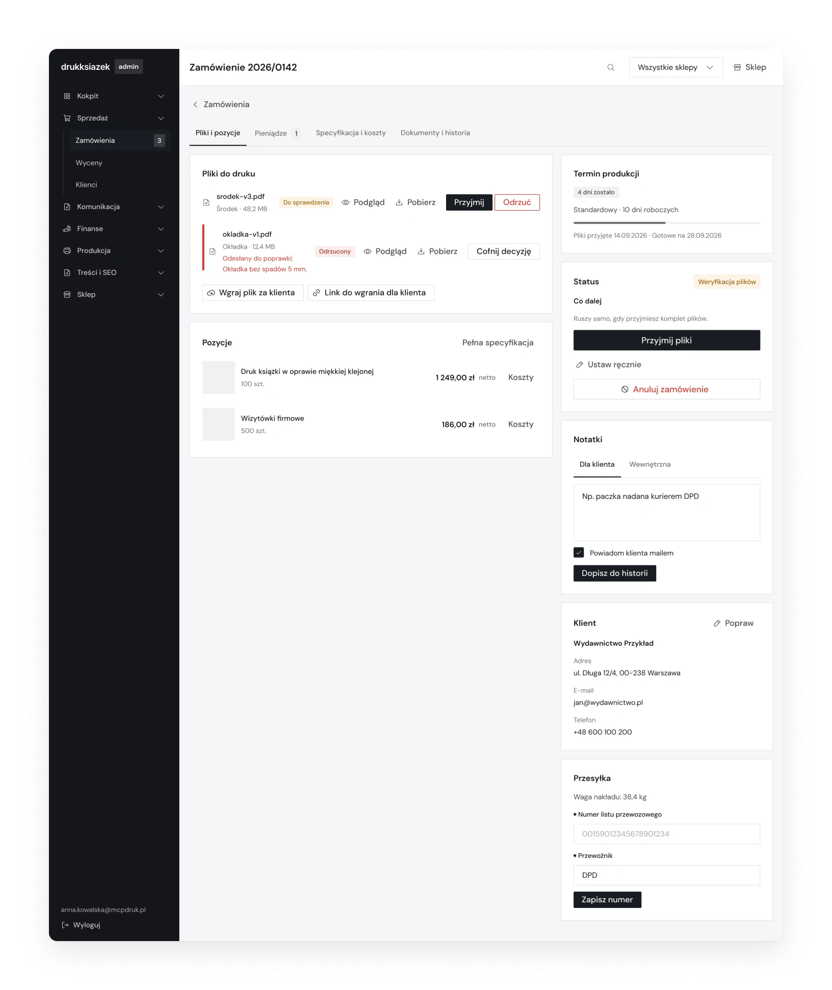 An order in the admin panel with files to check, the production deadline, the status and notes