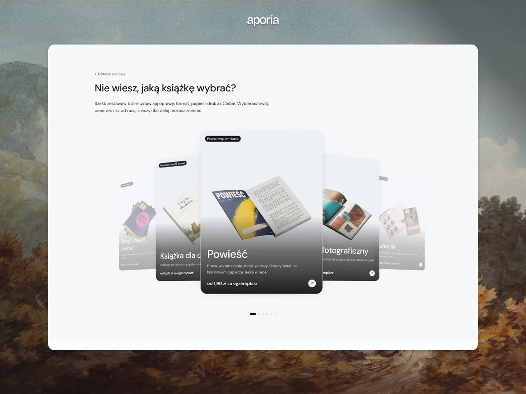 A carousel of book presets, with the novel card in front