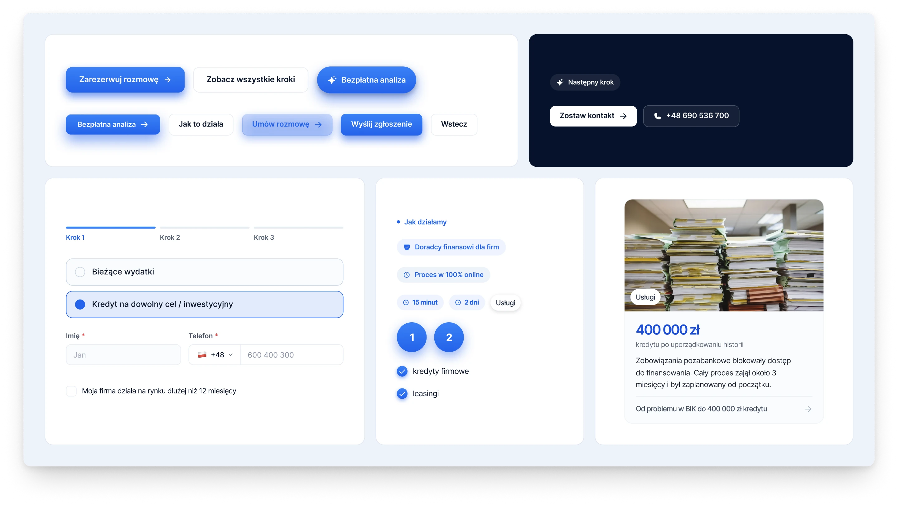 A board of parts from the site, with buttons on white and on navy, the steps and fields of the form, labels, numbered steps and a client story card