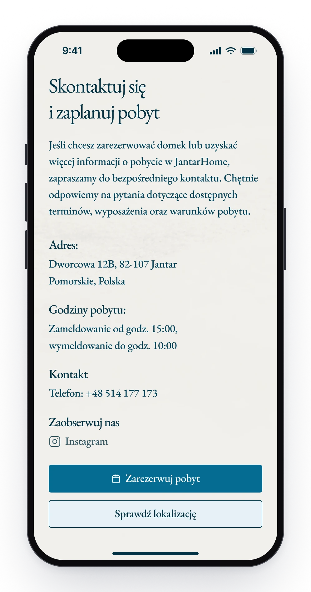 The contact block on a phone, with the address, the hours of arrival and departure, the phone number, a link to Instagram and two buttons
