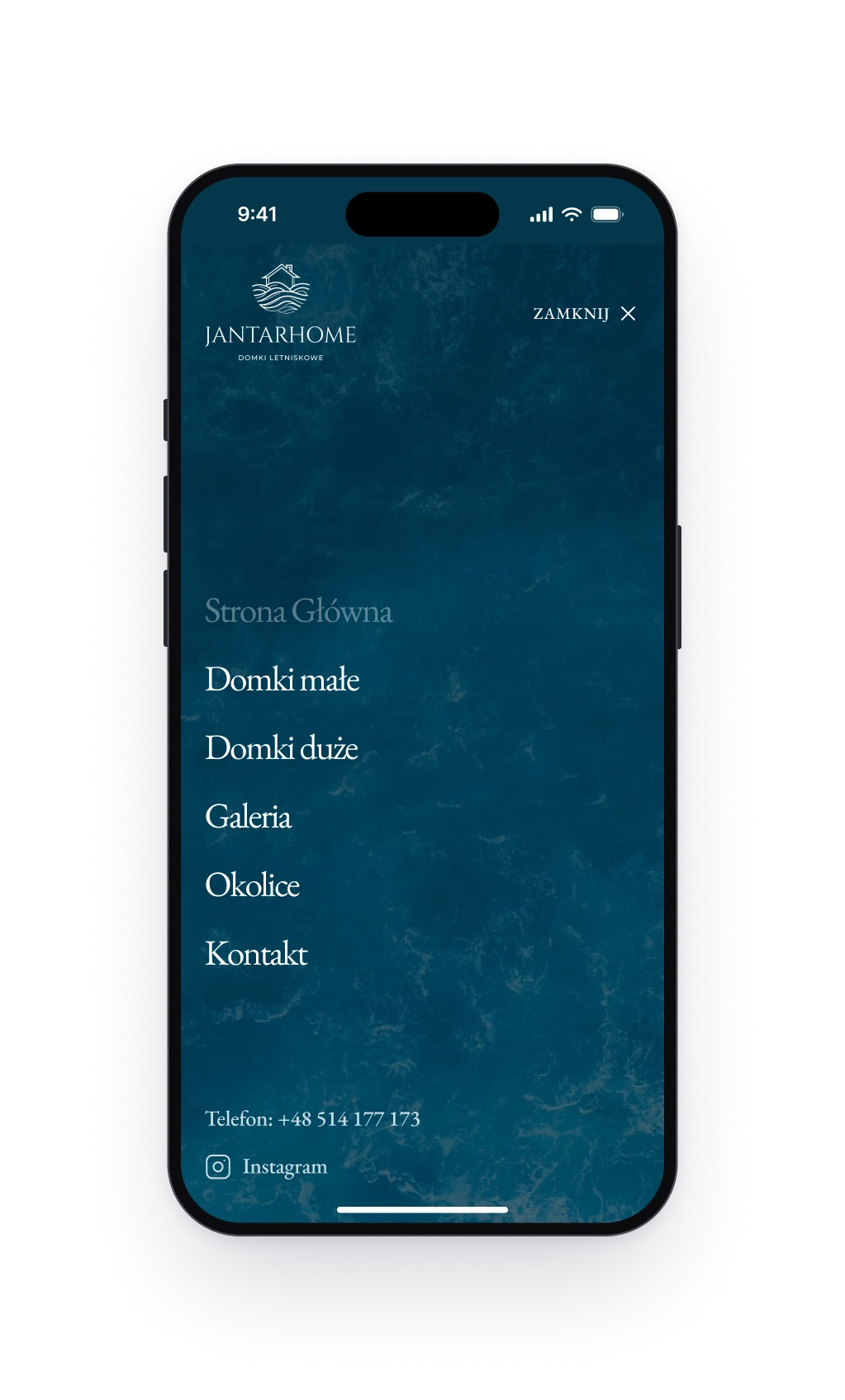 The navigation on a phone, six links on a dark sea texture, with the phone number and a link to Instagram below them