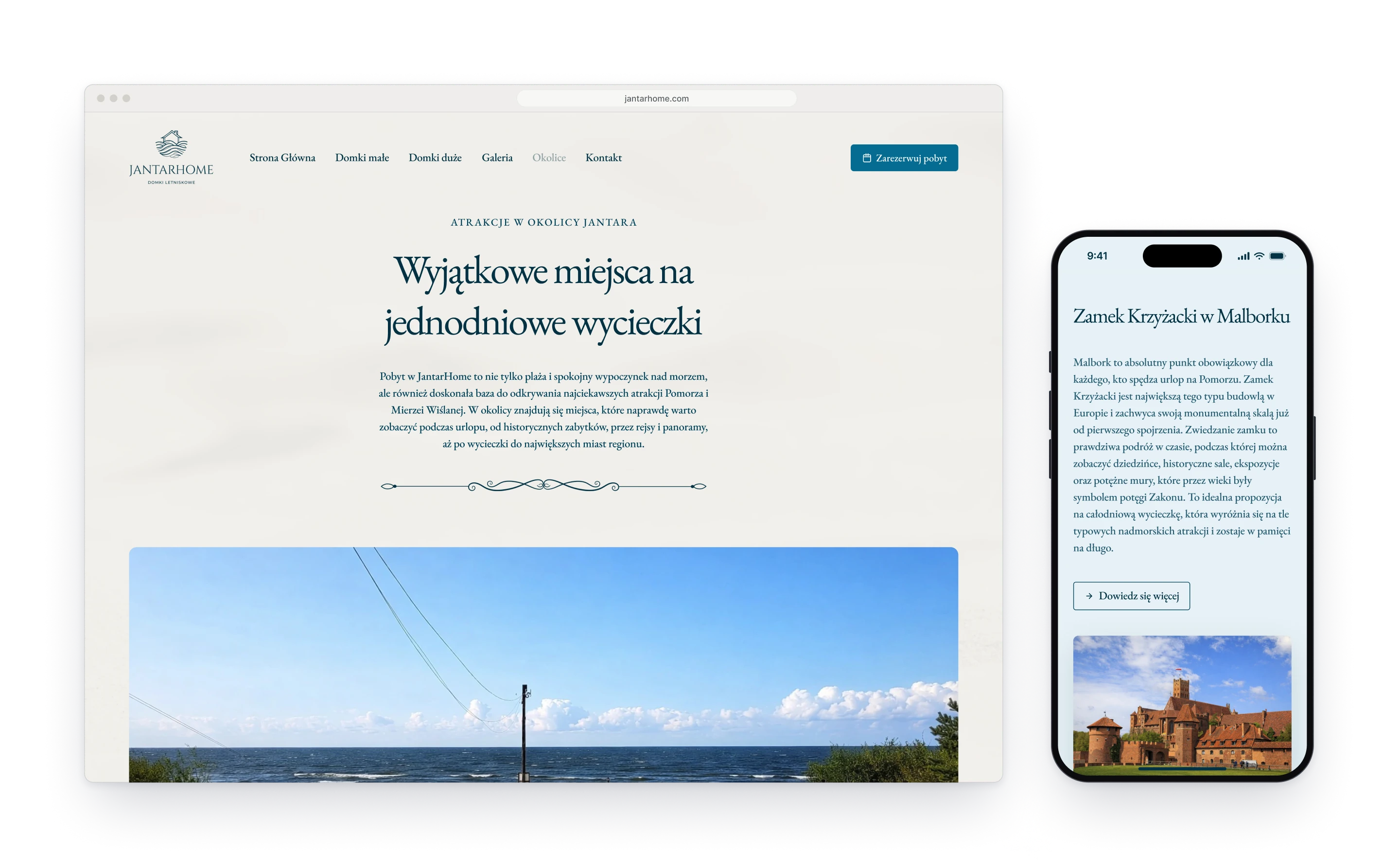 The page about the surroundings in a browser window, with a heading about day trips and a photograph of a beach, next to the section on the castle in Malbork on a phone