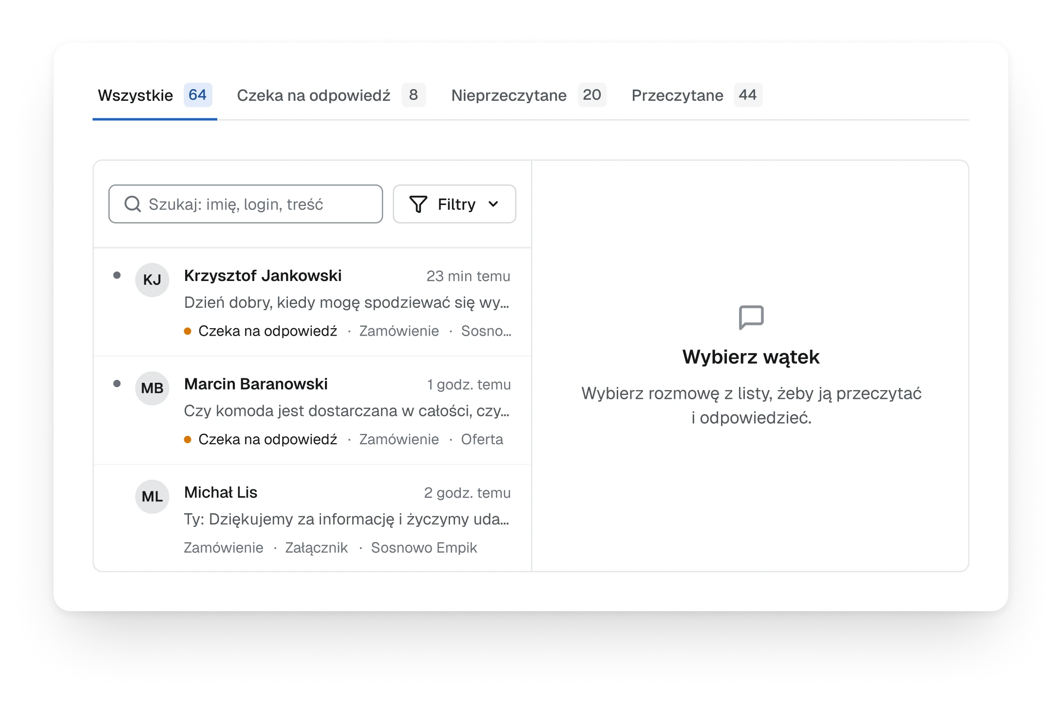 The new inbox, tabs for all threads, waiting for a reply, unread and read, each with a count, a list where threads waiting for a reply are marked, and an empty reading pane that asks to choose a thread