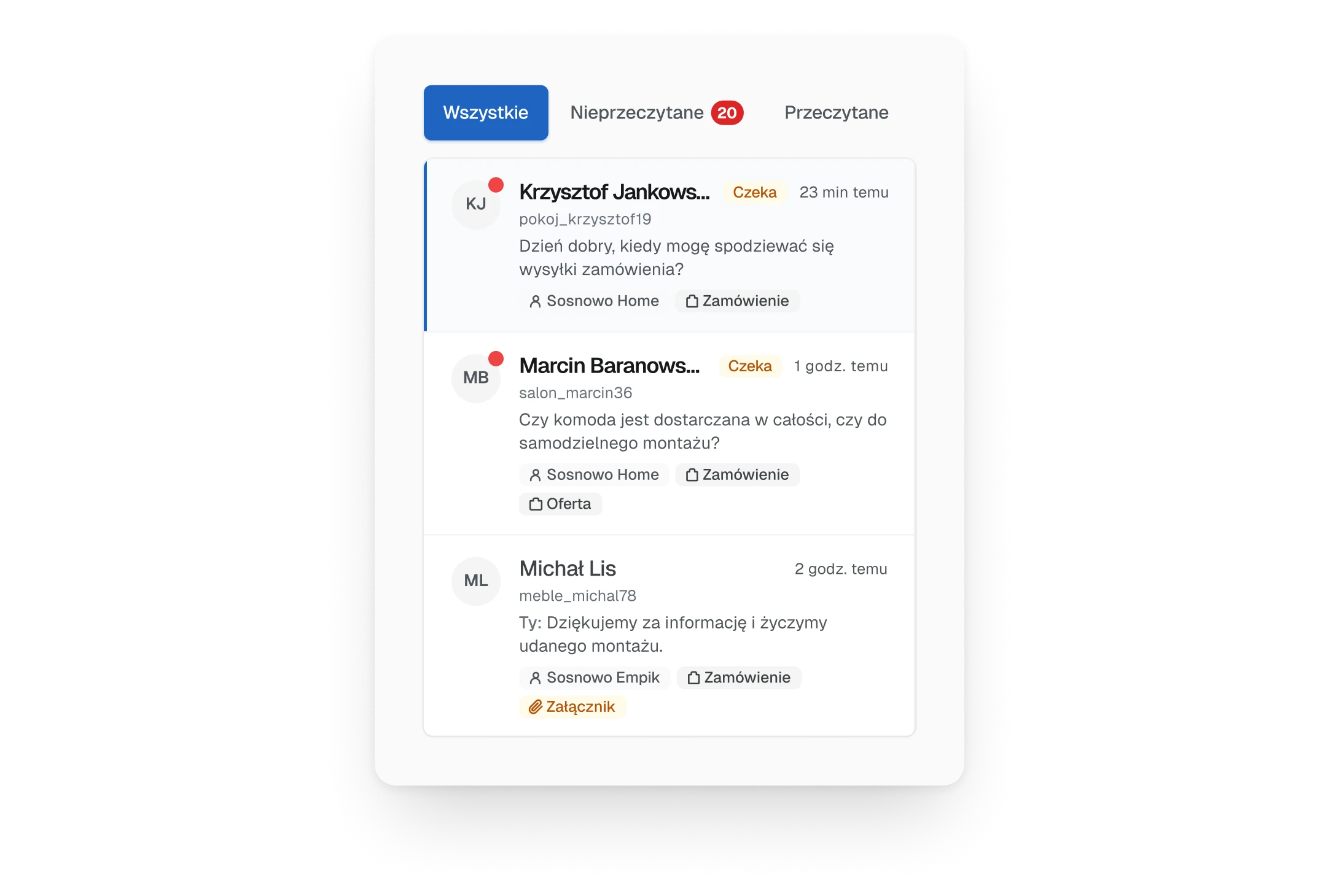 The old inbox, three filter buttons with a red count on unread, and a list of threads where the newest one is already open and marked