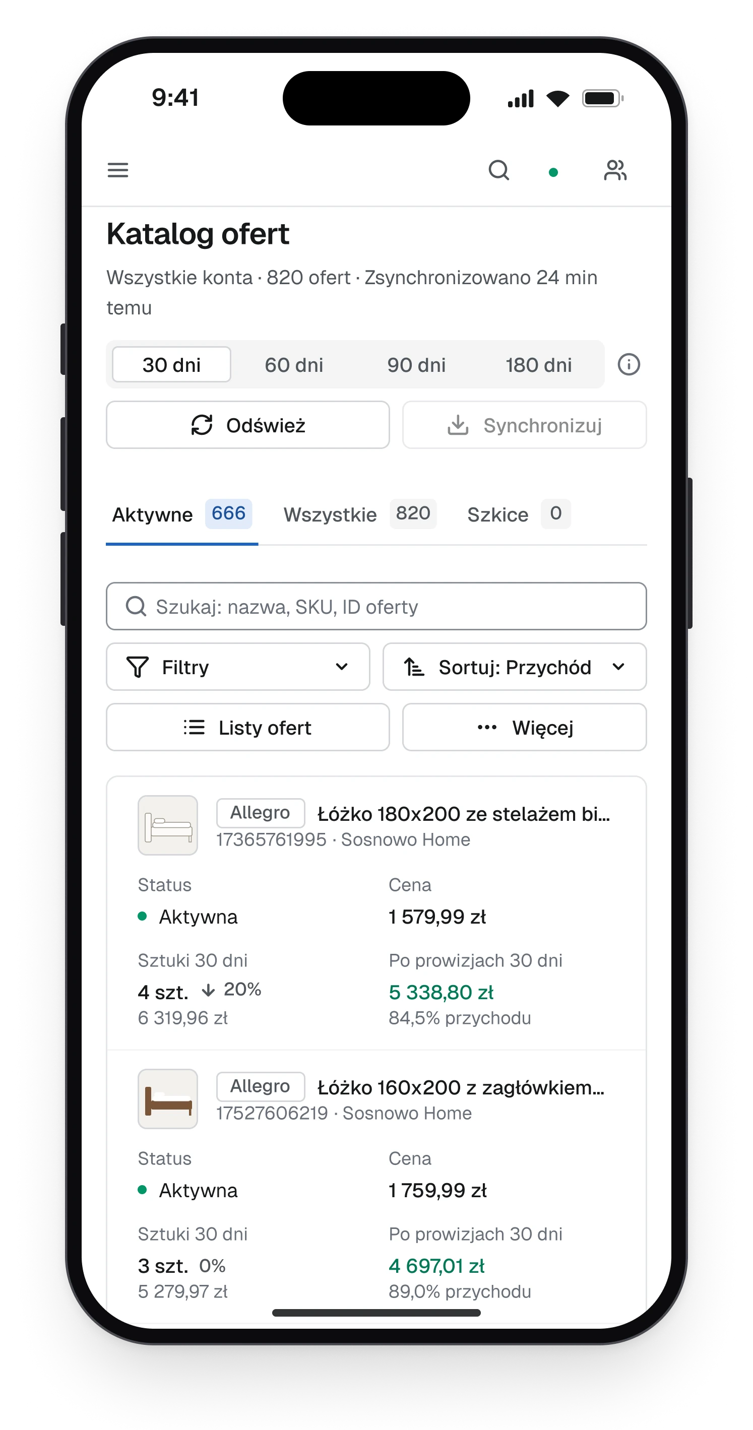 The offer catalogue on a phone, each offer as a card with status, price, units sold and the result after fees