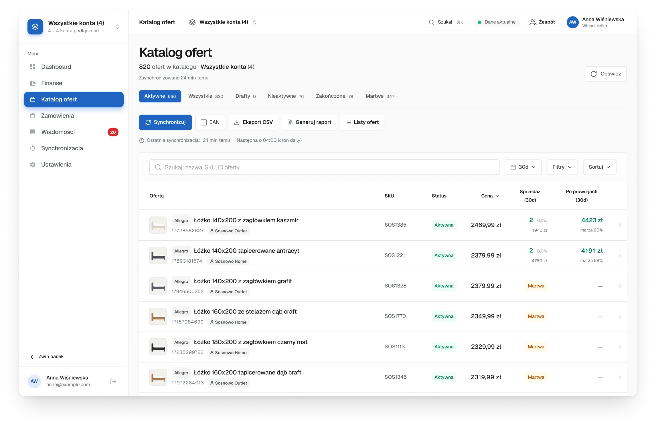 The old offer catalogue, a row of actions above the list, a search field, and tall rows sorted by price with coloured status badges