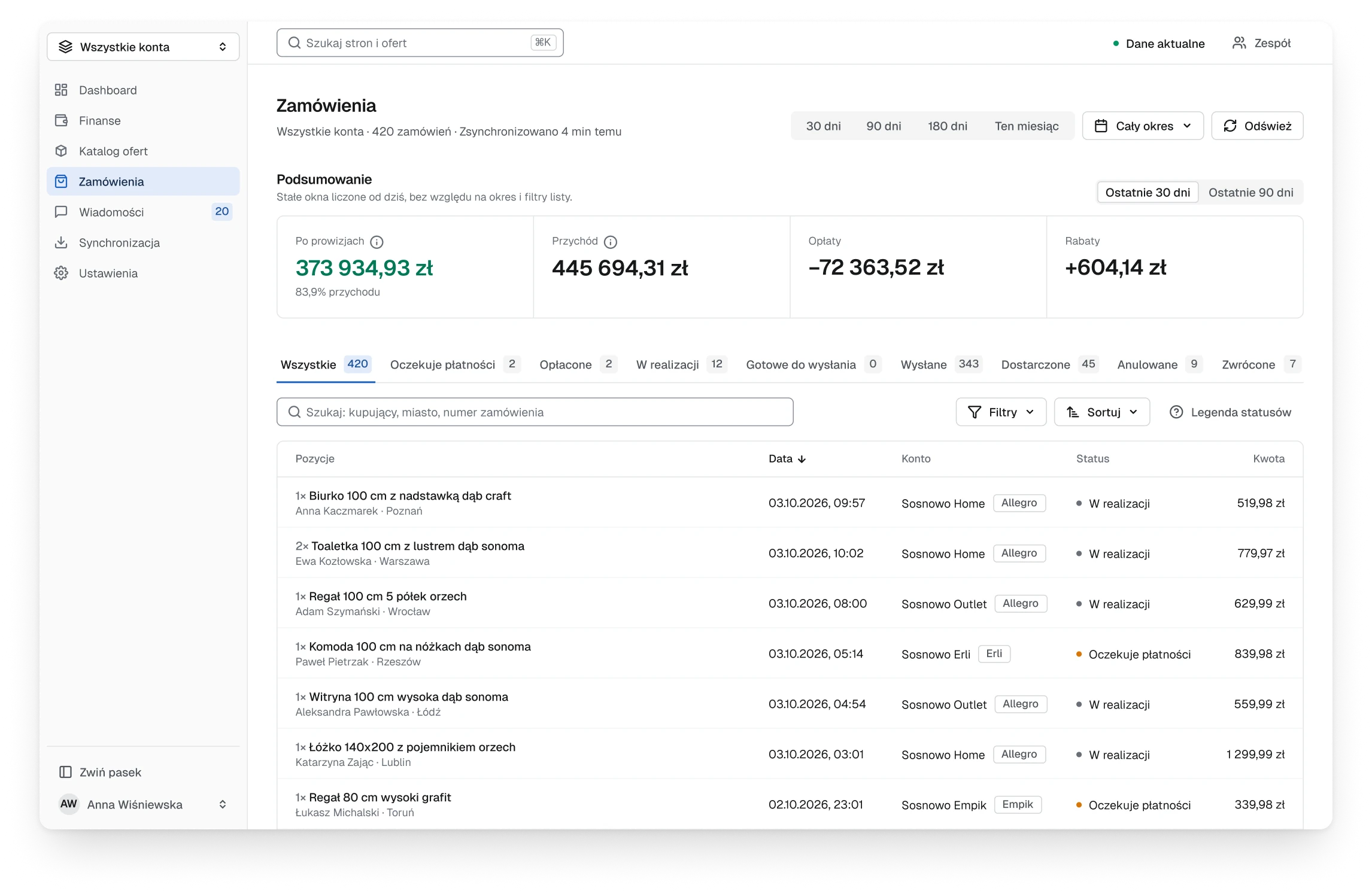 The new order screen, one strip of four figures, status tabs with counts and seven orders in view