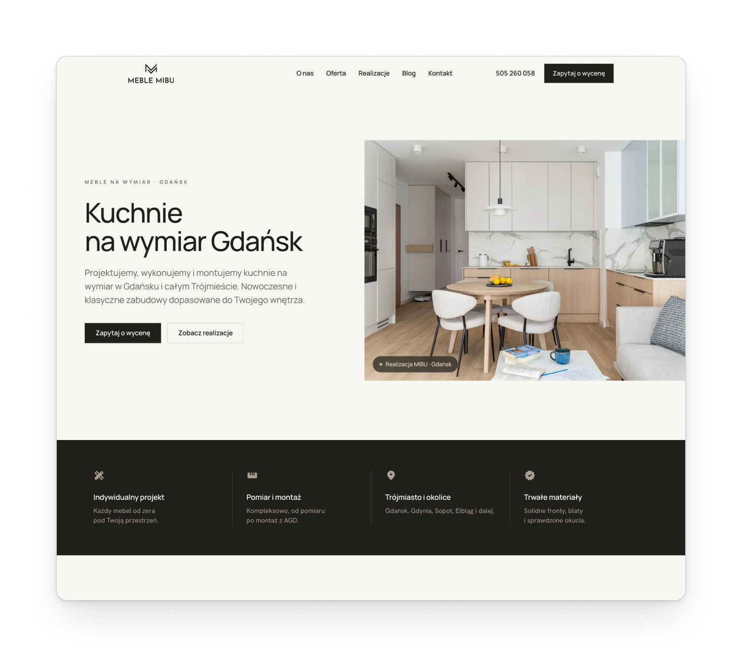 The kitchens page with a headline on the left, a photo on the right and a dark strip of four facts