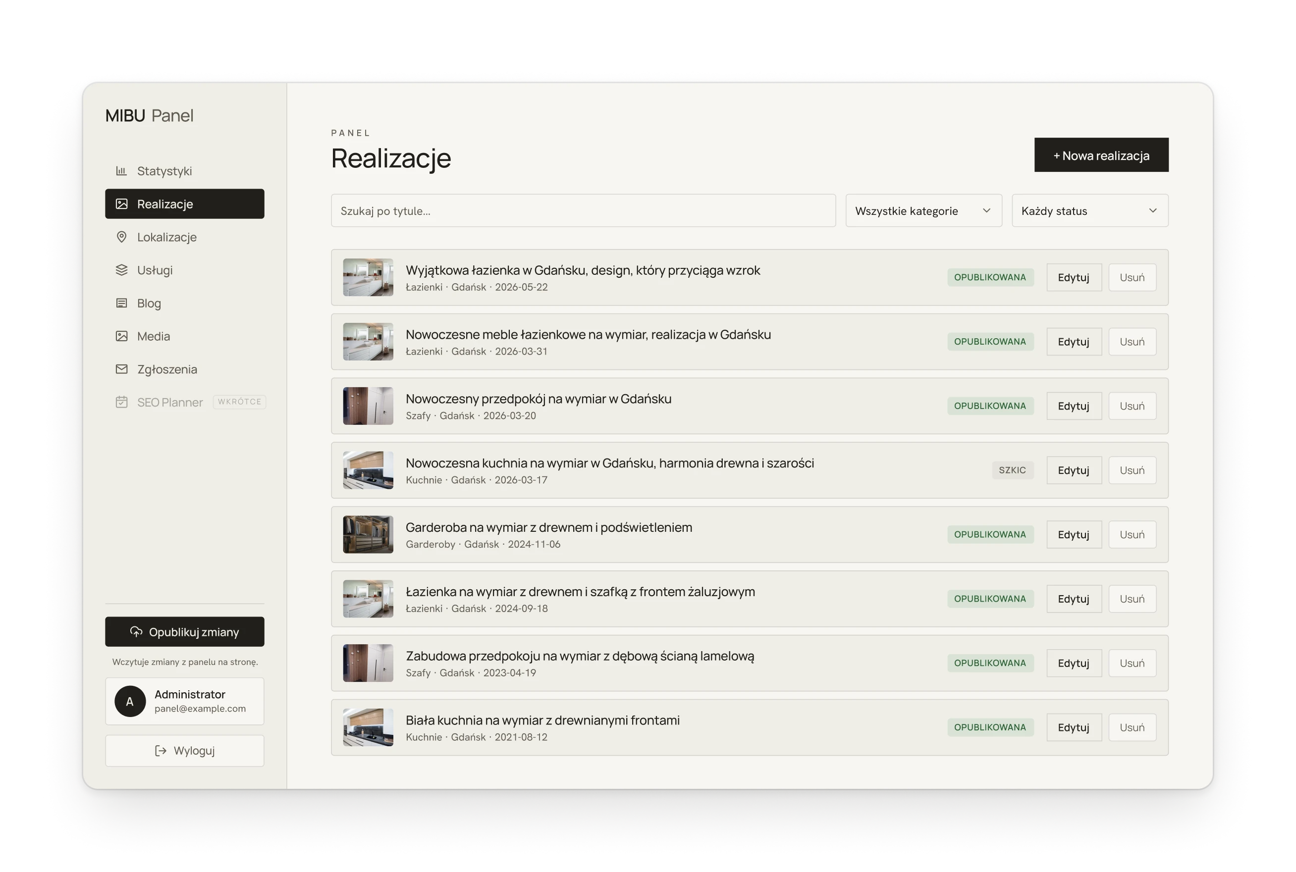 The content panel with a sidebar of seven sections and a list of projects with their status