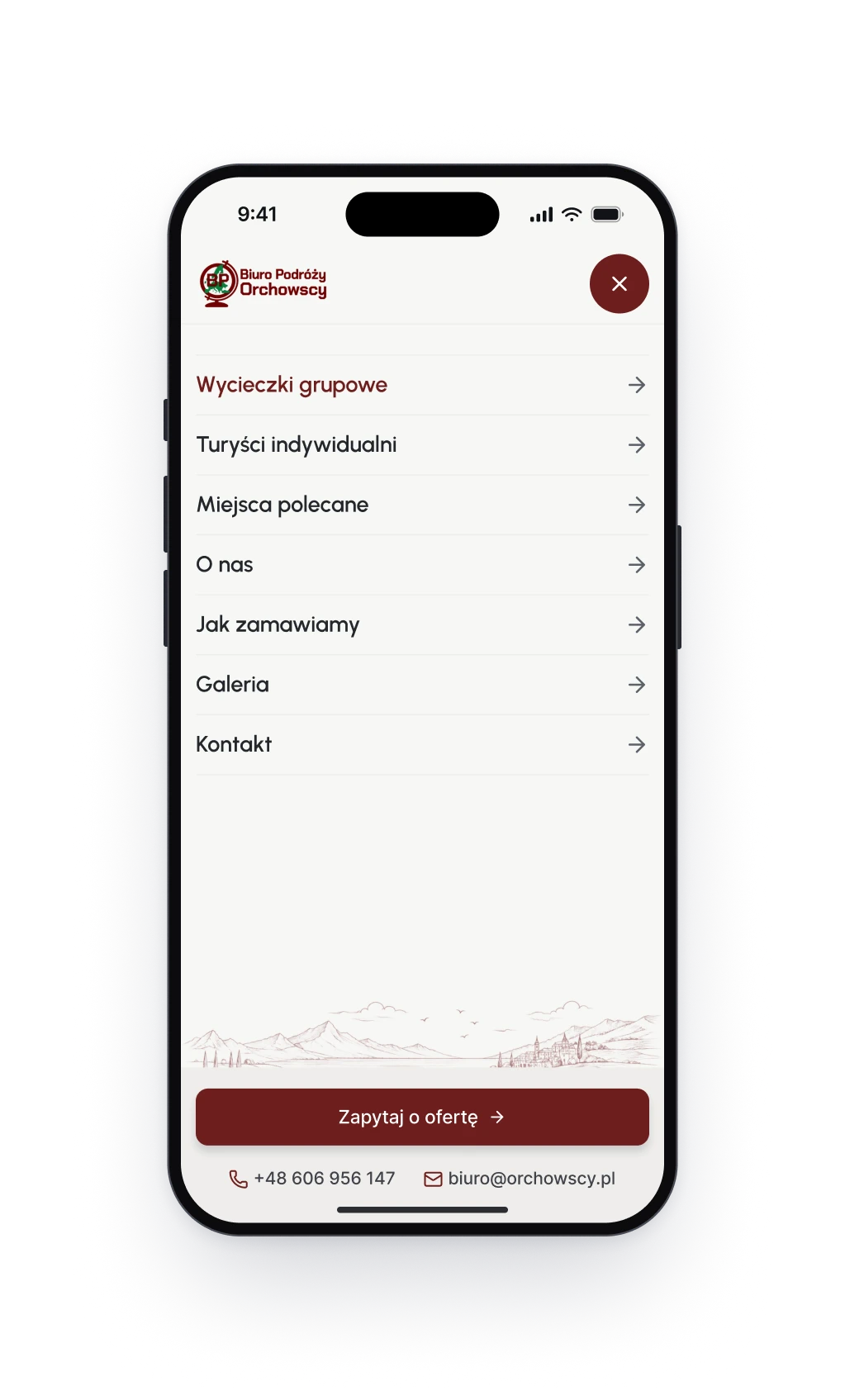 The menu on a phone, with seven links, an enquiry button and the phone number and e-mail at the bottom