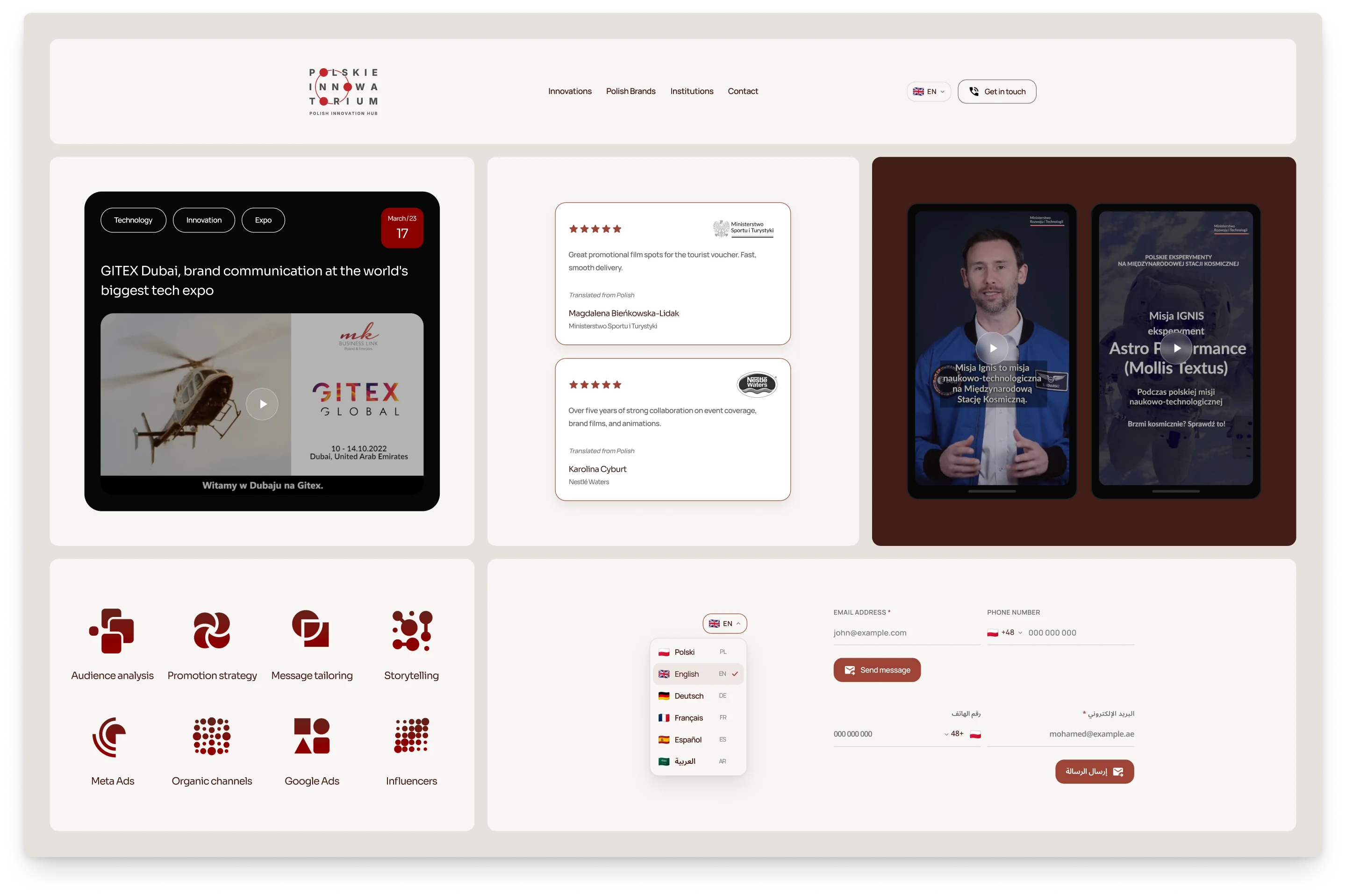 A board of parts from the site, with the navigation bar, a dark project card, two review cards, two reels in phone frames, eight red service icons, the language menu and the contact fields in English and in Arabic