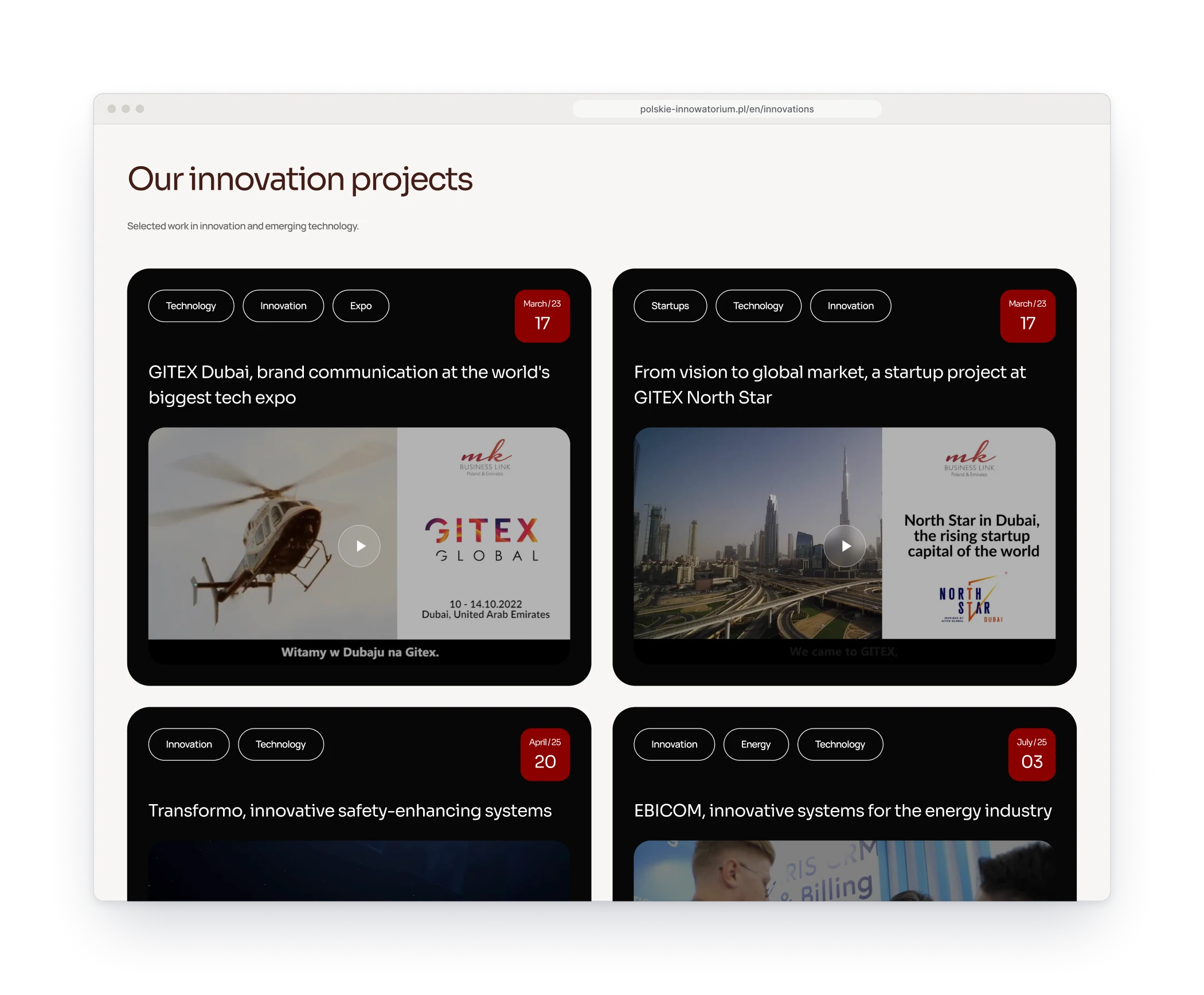 The innovation projects in a browser window, dark cards with topic tags, a red date badge and a video poster, the first one from a technology fair in Dubai