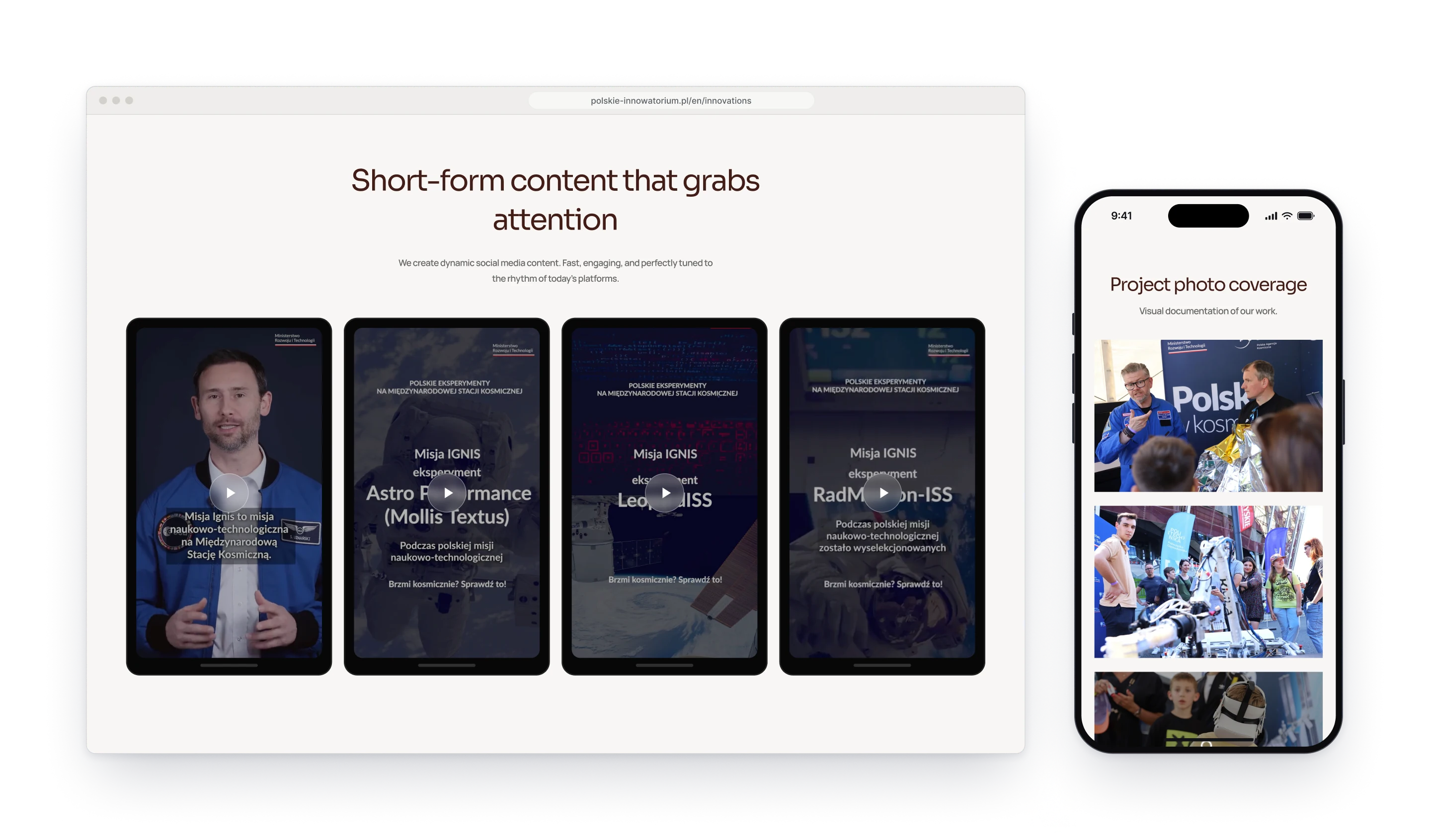 The short-form section in a browser window, four vertical reels in phone frames under a heading about content that grabs attention, next to the photo coverage on a phone