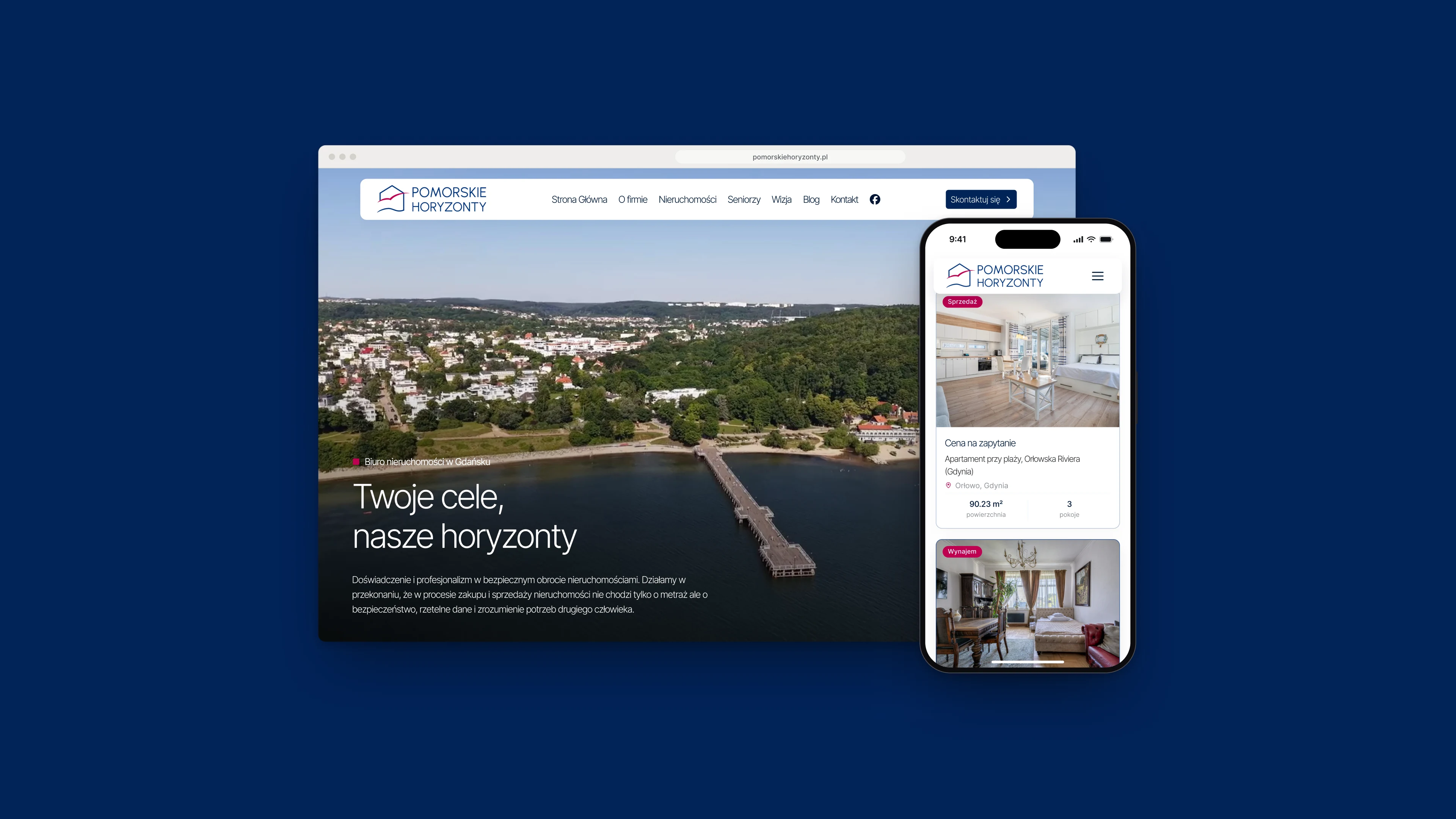 The Pomorskie Horyzonty home page in a browser window, with a pier and a beach seen from the air, and the listings on a phone, on a navy background