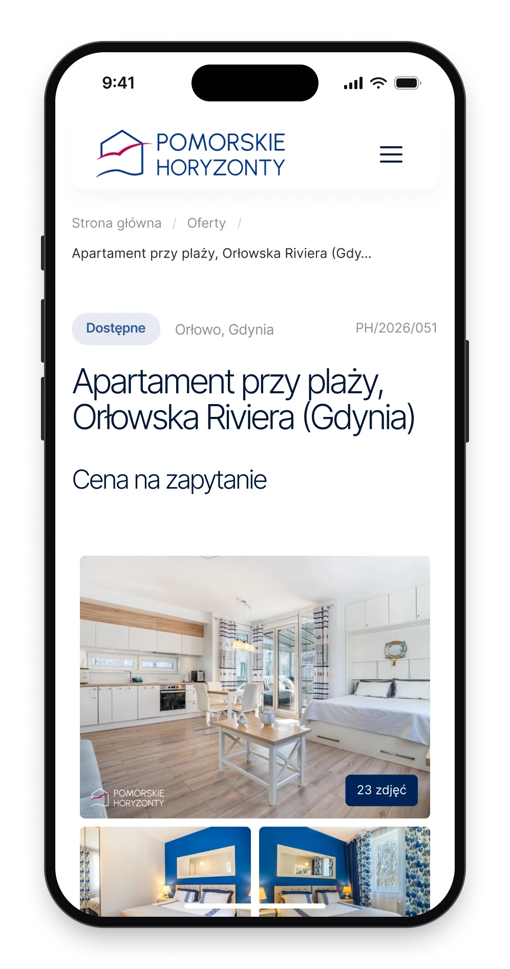 A listing on a phone, opening with the name of the apartment, its price line and the first photographs of the gallery