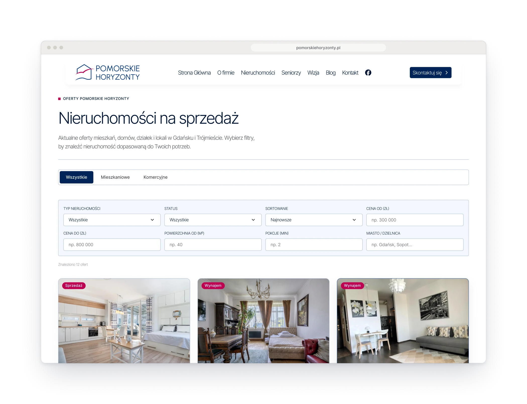 The listings page in a browser window, with tabs for the type of property, a panel of eight filters and the first row of three listings