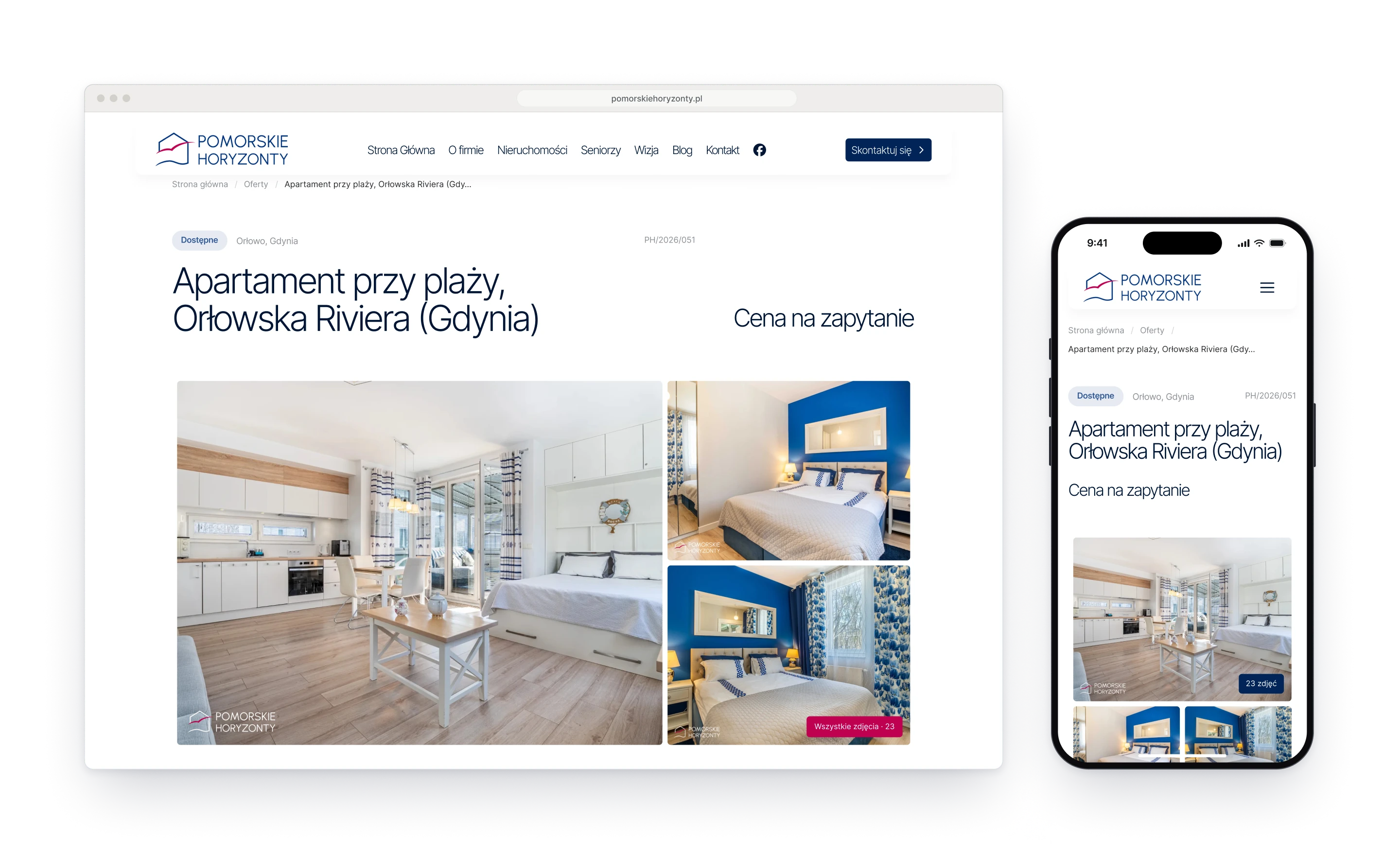 A property page in a browser window and on a phone, with the name of the apartment, its price line and a gallery of three photographs
