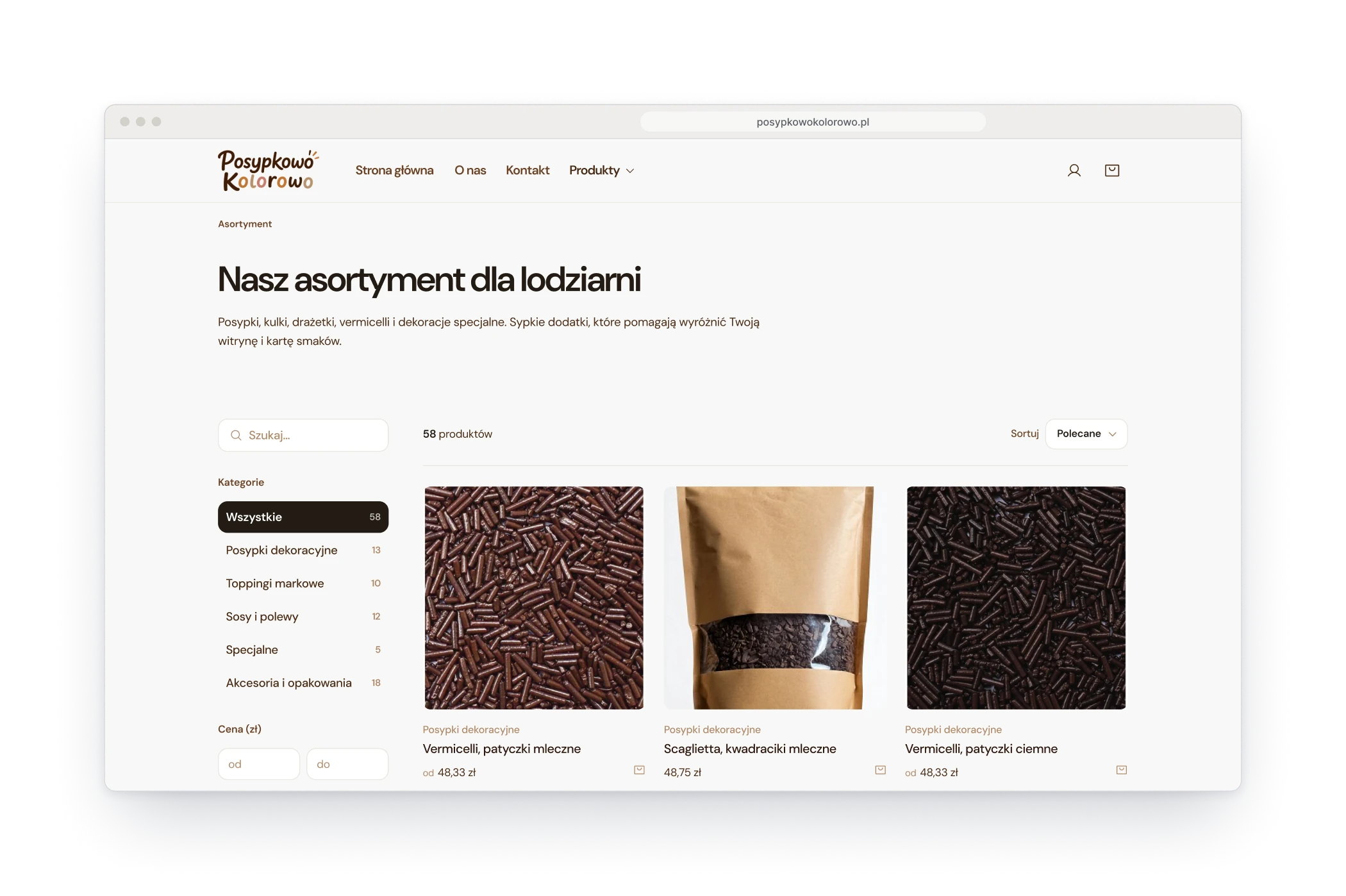 The catalogue in a browser window, with a search field and the categories with their product counts on the left, and the first row of products with prices
