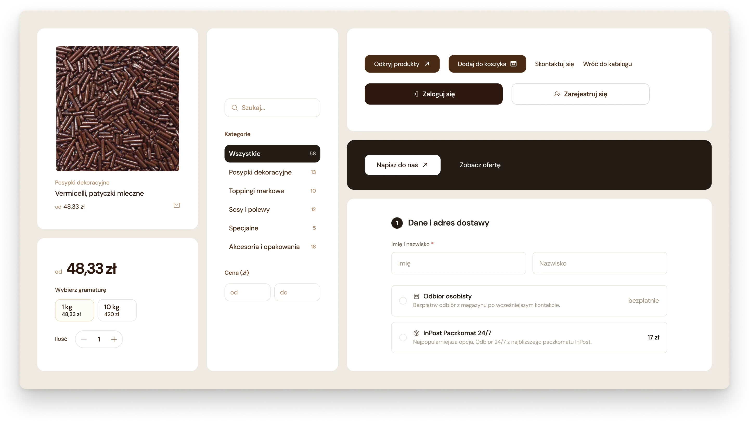 A board of parts from the shop, with a product tile, a price with pack sizes and a quantity field, the category filters, buttons on white and on dark brown, and checkout fields with two delivery options