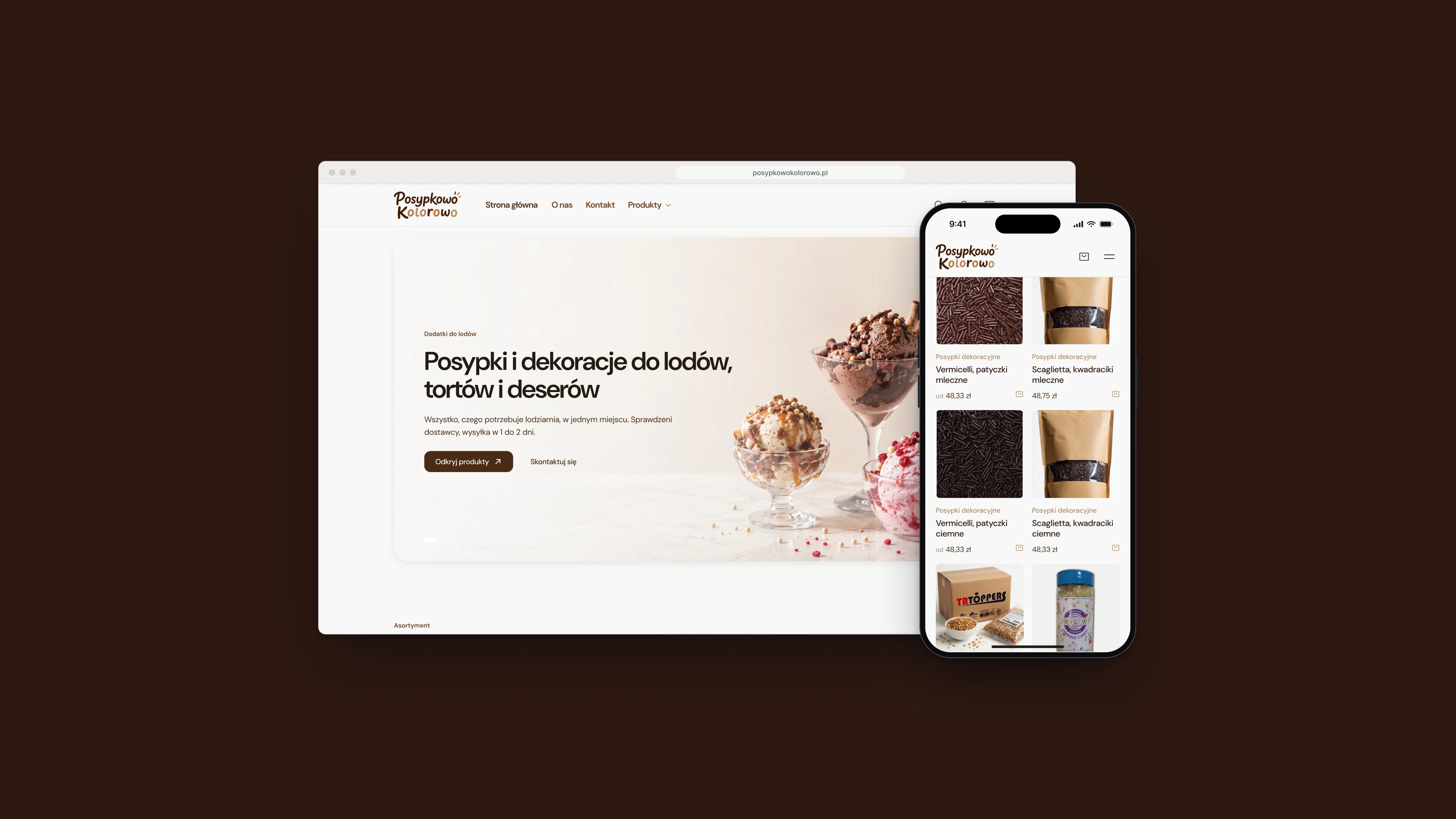 The Posypkowo Kolorowo home page in a browser window, with bowls of ice cream, and the product catalogue on a phone, on a dark brown background