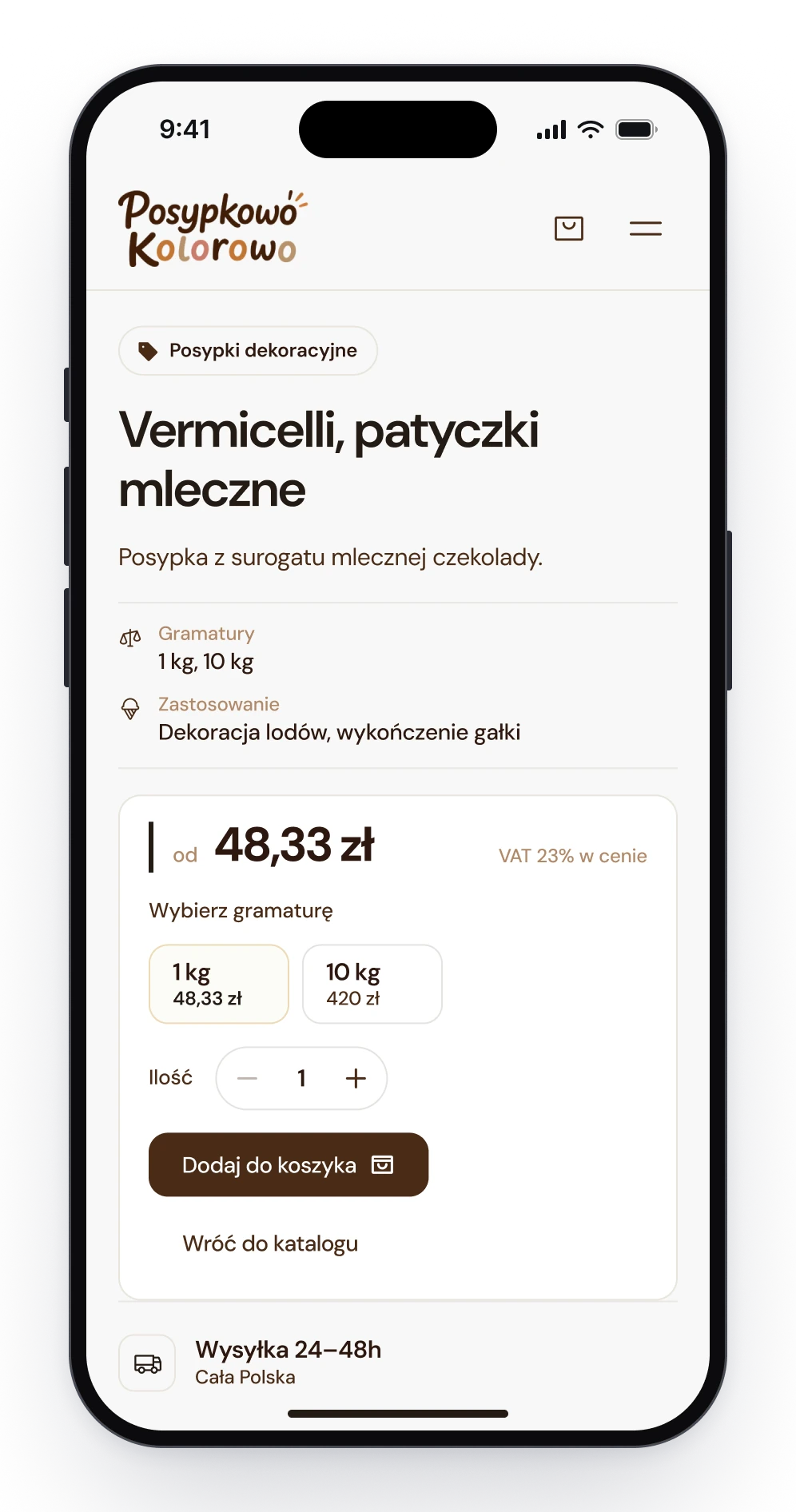 A product page on a phone, with the price, two pack sizes each with its own price, a quantity field and a button to add to the basket