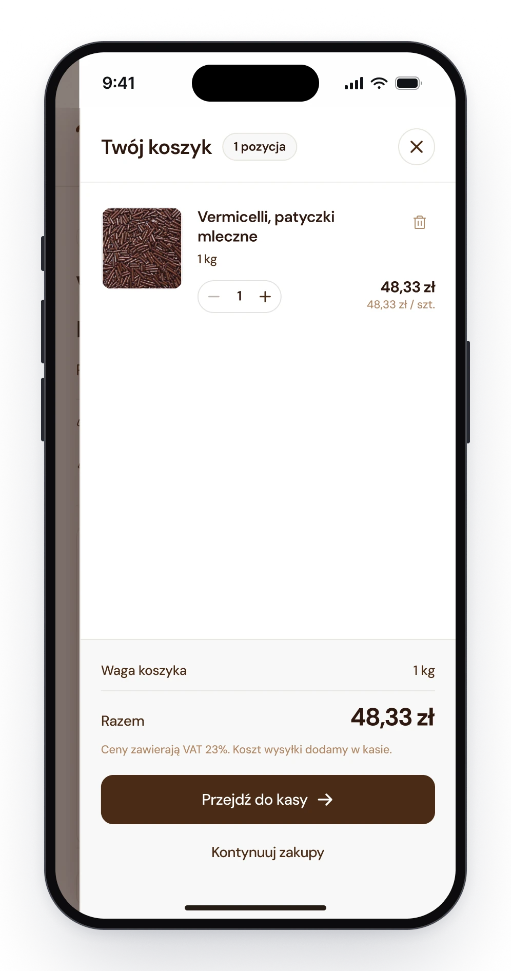 The basket on a phone, with one product, its pack size and quantity, the weight of the basket, the total and a button to the checkout